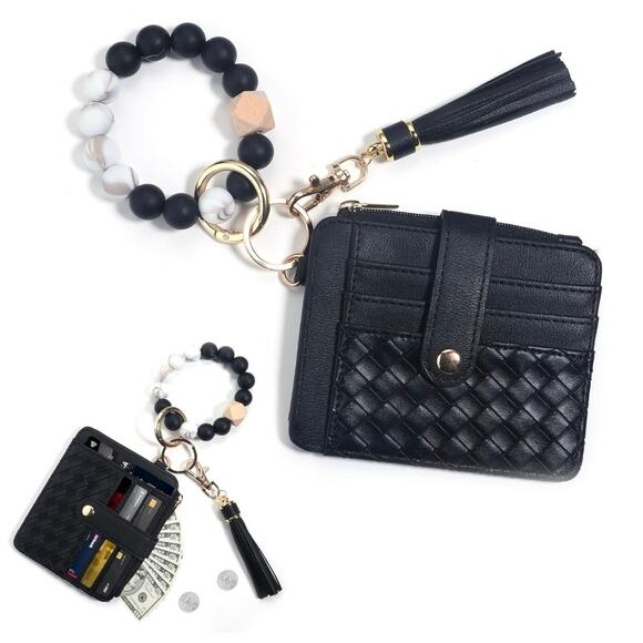 Wristlet Keychain Bracelet Pocket Wallet Credit Card Holder Tassel Black S21 - Picture 1 of 8